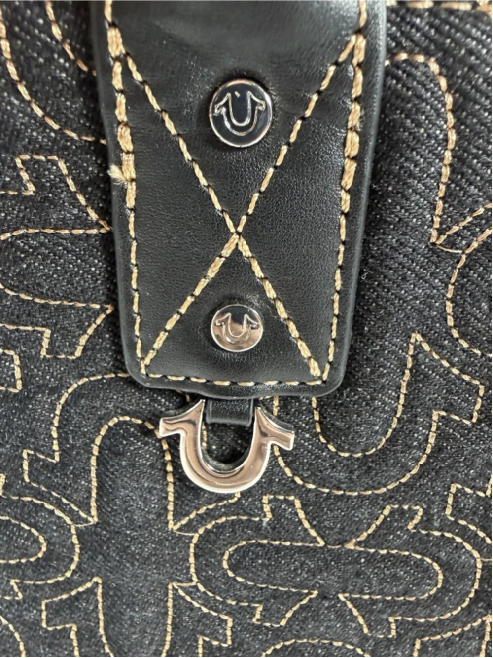 True Religion Black Denim Embroidered Crossbody Bag Horseshoe Satchel Handbag
